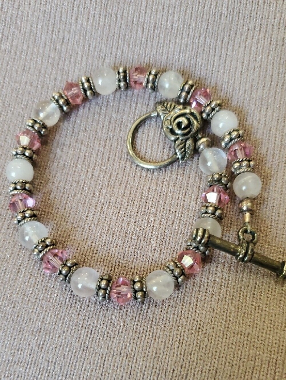 Handmade Pink and White Beaded 8 Inch Bracelet with Rose Toggle